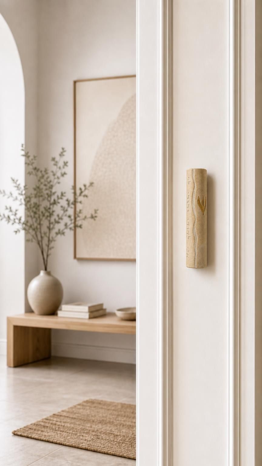 Jerusalem stone wedding mezuzah mounted on a residential doorpost, featuring traditional Hebrew engraving and gold detail.