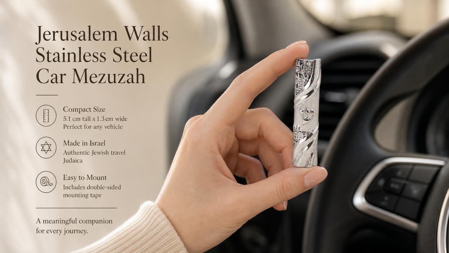 Jerusalem Walls Stainless Steel Car Mezuzah, a silver Israeli travel Judaica piece featuring raised Old City of Jerusalem wall relief, a polished diagonal band, and a raised Shin for Shaddai