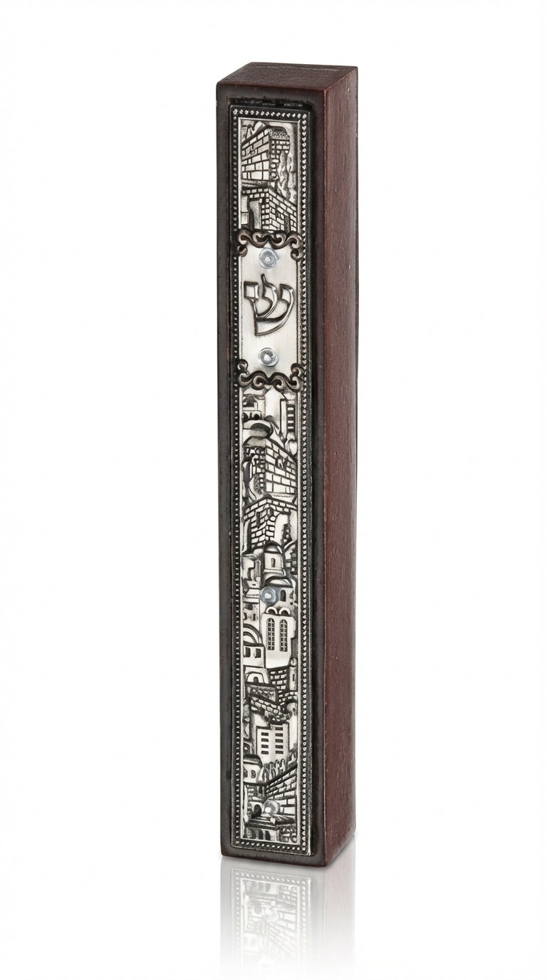 Extra large Jerusalem wood mezuzah with silver accents, displayed on a bright white background with subtle reflection, showcasing fine engraved details.