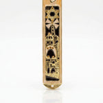 Jerusalem’s Golden Gates pewter mezuzah case with peach enamel, gold Magen David, Shin, arches, and Old City-style architecture