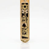 Jerusalem’s Golden Gates pewter mezuzah case with peach enamel, gold Magen David, Shin, arches, and Old City-style architecture