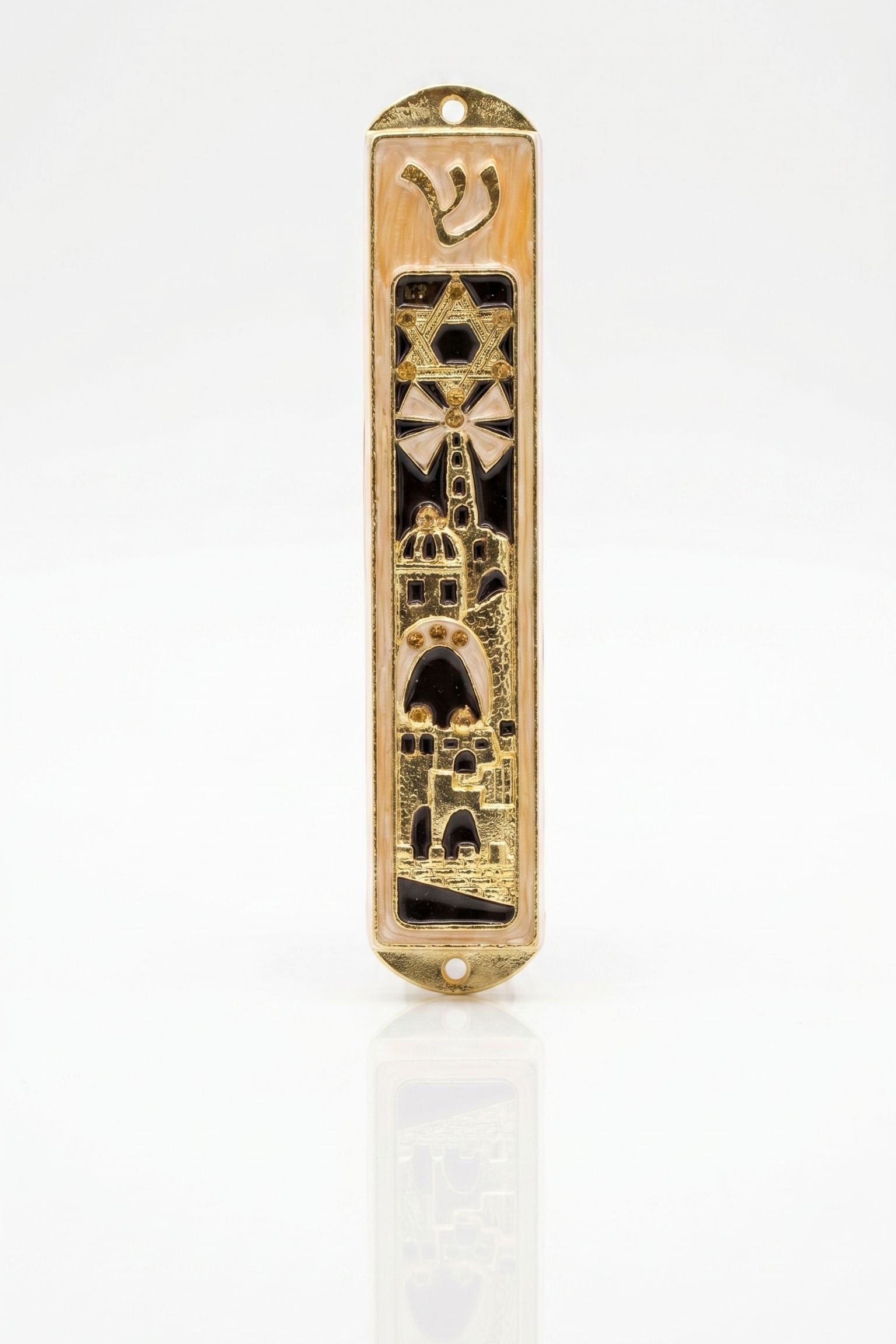 Jerusalem’s Golden Gates pewter mezuzah case with peach enamel, gold Magen David, Shin, arches, and Old City-style architecture