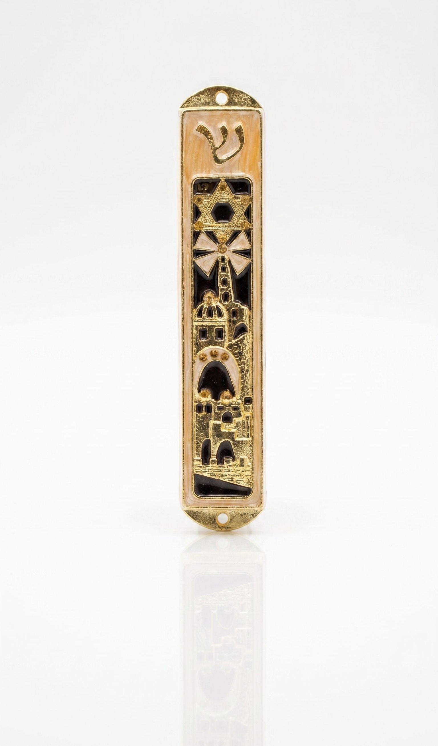 Jerusalem’s Golden Gates pewter mezuzah case with peach enamel, gold Magen David, Shin, arches, and Old City-style architecture