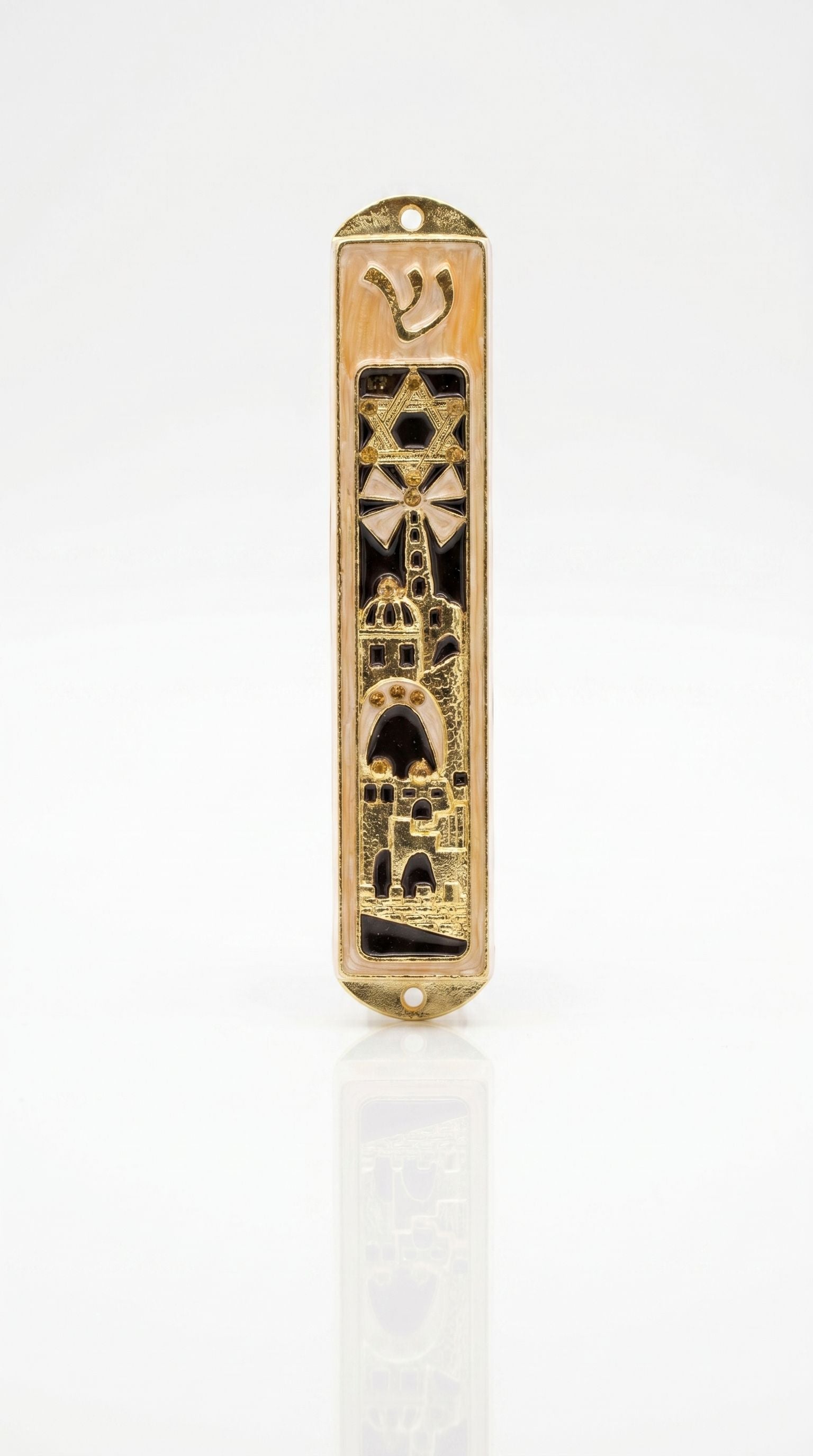 Jerusalem’s Golden Gates pewter mezuzah case with peach enamel, gold Magen David, Shin, arches, and Old City-style architecture