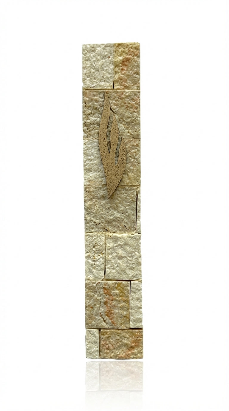 Handmade Jerusalem stone Mezuzah resembling Western Wall, with detailed engravings, decorative motifs, and textured surface, on a white background with soft reflection.