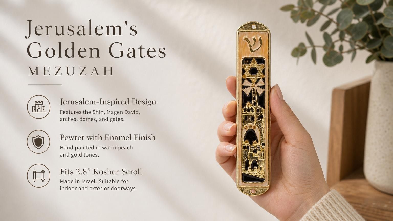 Peach enamel Jerusalem mezuzah with gold accents, Hebrew Shin, Star of David, Jerusalem architecture, in a holder.