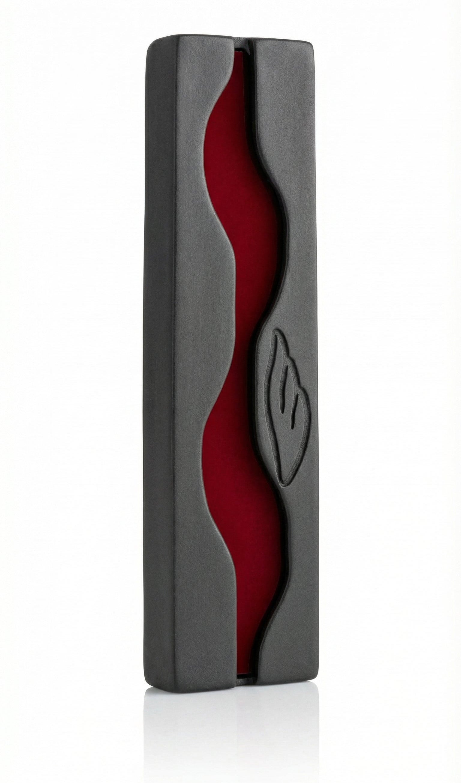 High-resolution image of an upscale Jordan River Mezuzah with intricate engravings and Hebrew lettering, displayed on a pure white studio background.