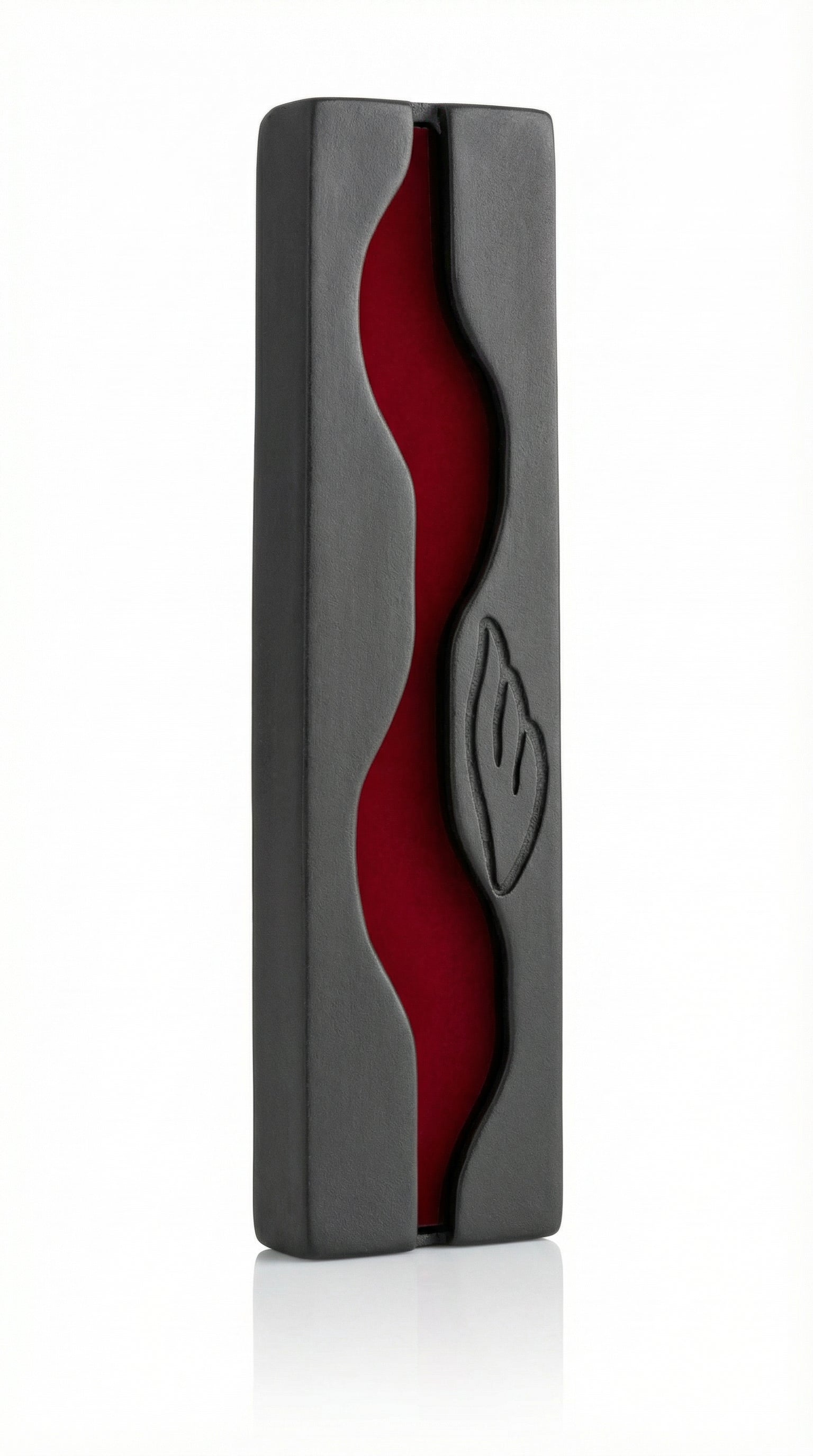 High-resolution image of an upscale Jordan River Mezuzah with intricate engravings and Hebrew lettering, displayed on a pure white studio background.