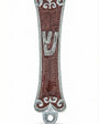 High-resolution image of a hand-painted pewter Joshua Mezuzah with Hebrew inscriptions, set against a pure white background with a soft reflection.