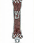 High-resolution image of a hand-painted pewter Joshua Mezuzah with Hebrew inscriptions, set against a pure white background with a soft reflection.