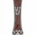 High-resolution image of a hand-painted pewter Joshua Mezuzah with Hebrew inscriptions, set against a pure white background with a soft reflection.