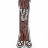 High-resolution image of a hand-painted pewter Joshua Mezuzah with Hebrew inscriptions, set against a pure white background with a soft reflection.