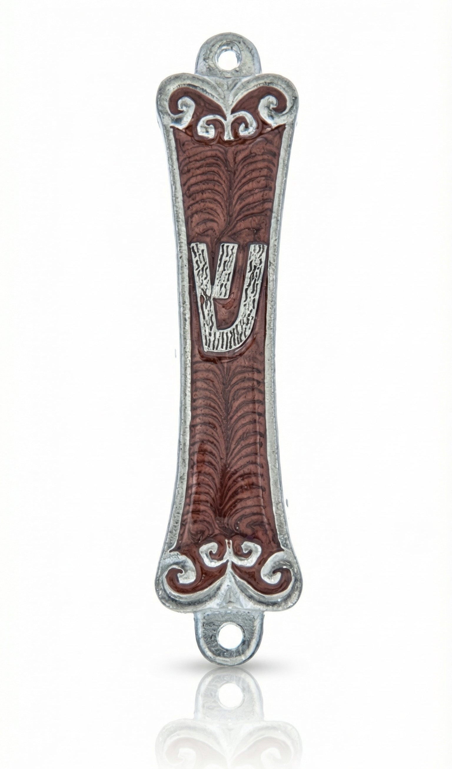 High-resolution image of a hand-painted pewter Joshua Mezuzah with Hebrew inscriptions, set against a pure white background with a soft reflection.
