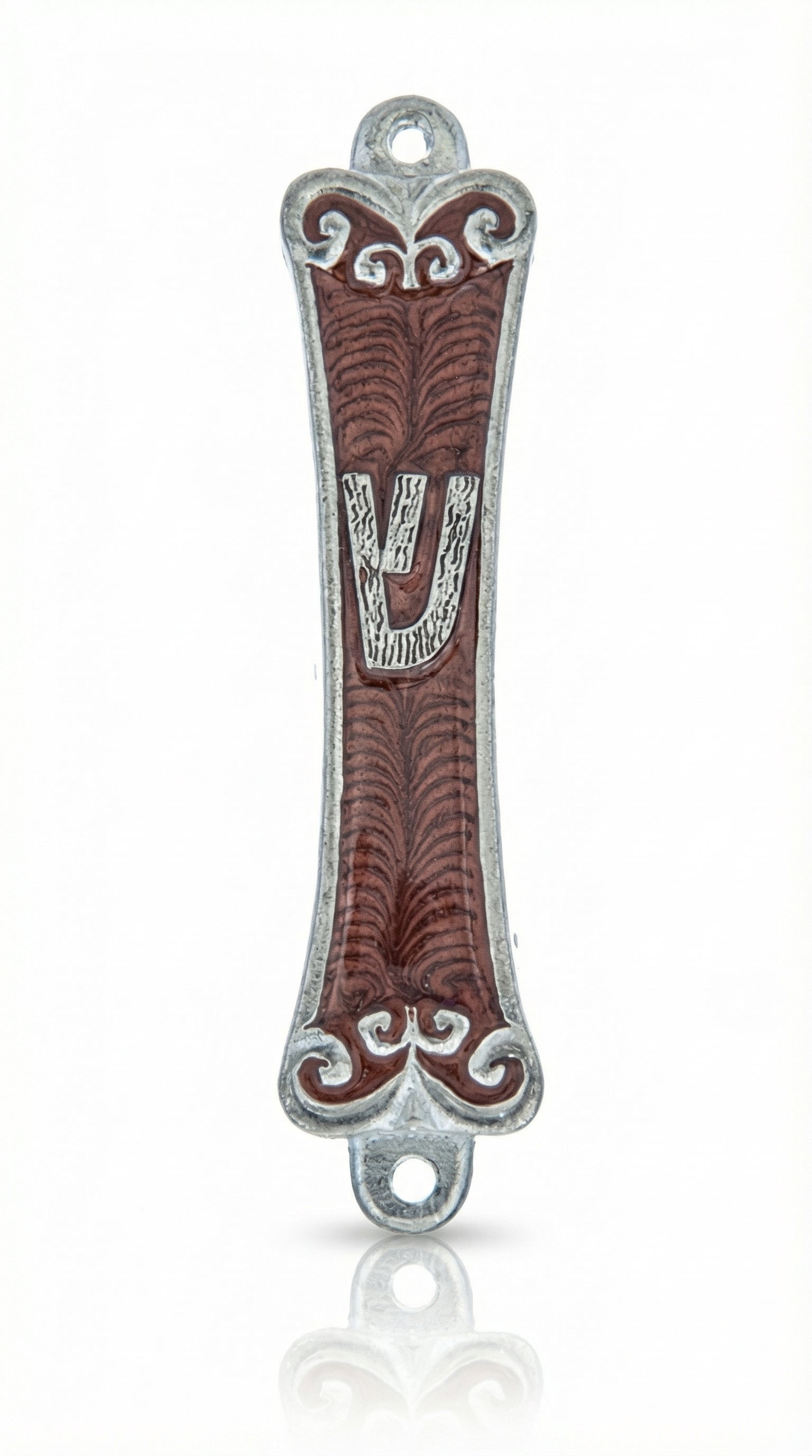 High-resolution image of a hand-painted pewter Joshua Mezuzah with Hebrew inscriptions, set against a pure white background with a soft reflection.
