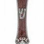 High-resolution image of a hand-painted pewter Joshua Mezuzah with Hebrew inscriptions, set against a pure white background with a soft reflection.
