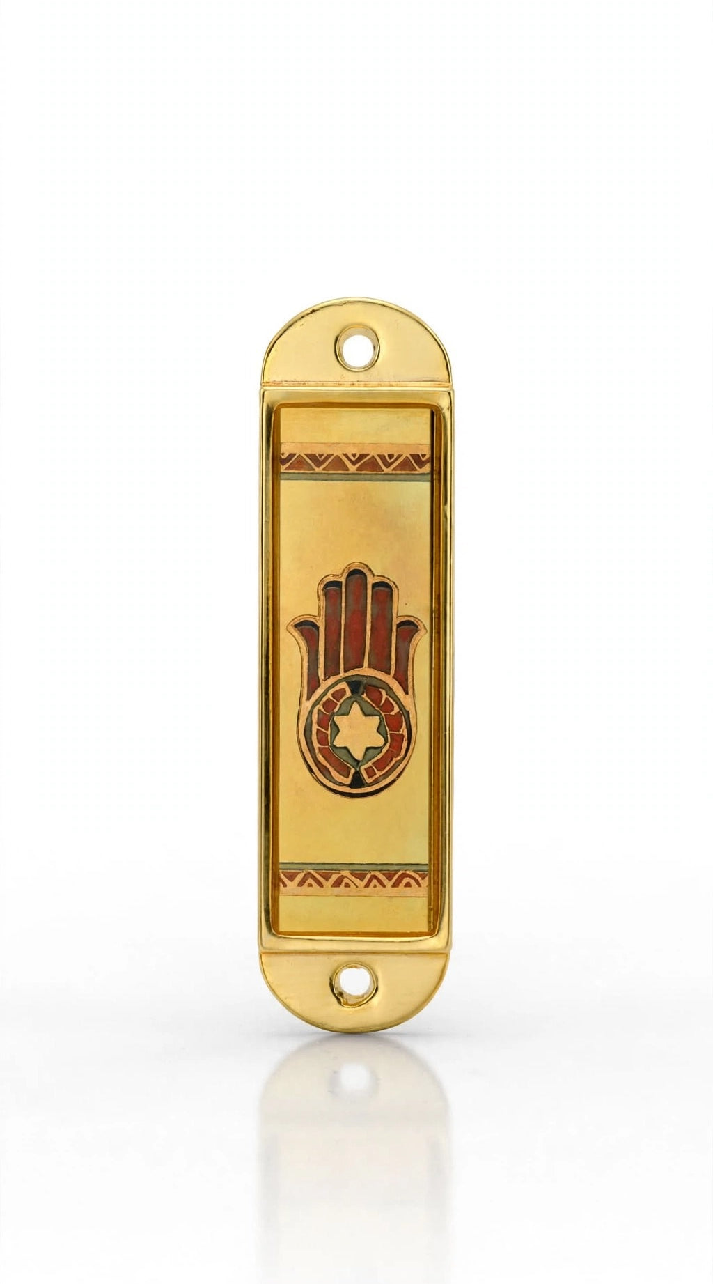 Journey Hamsa Gold Car Mezuzah shown from the front as a mezuzah cover featuring a brown Hamsa hand with a Star of David in its palm, warm gold-colored panels and patterned borders inside a rounded stainless-steel frame, presenting a small decorative Judaica design for a car interior