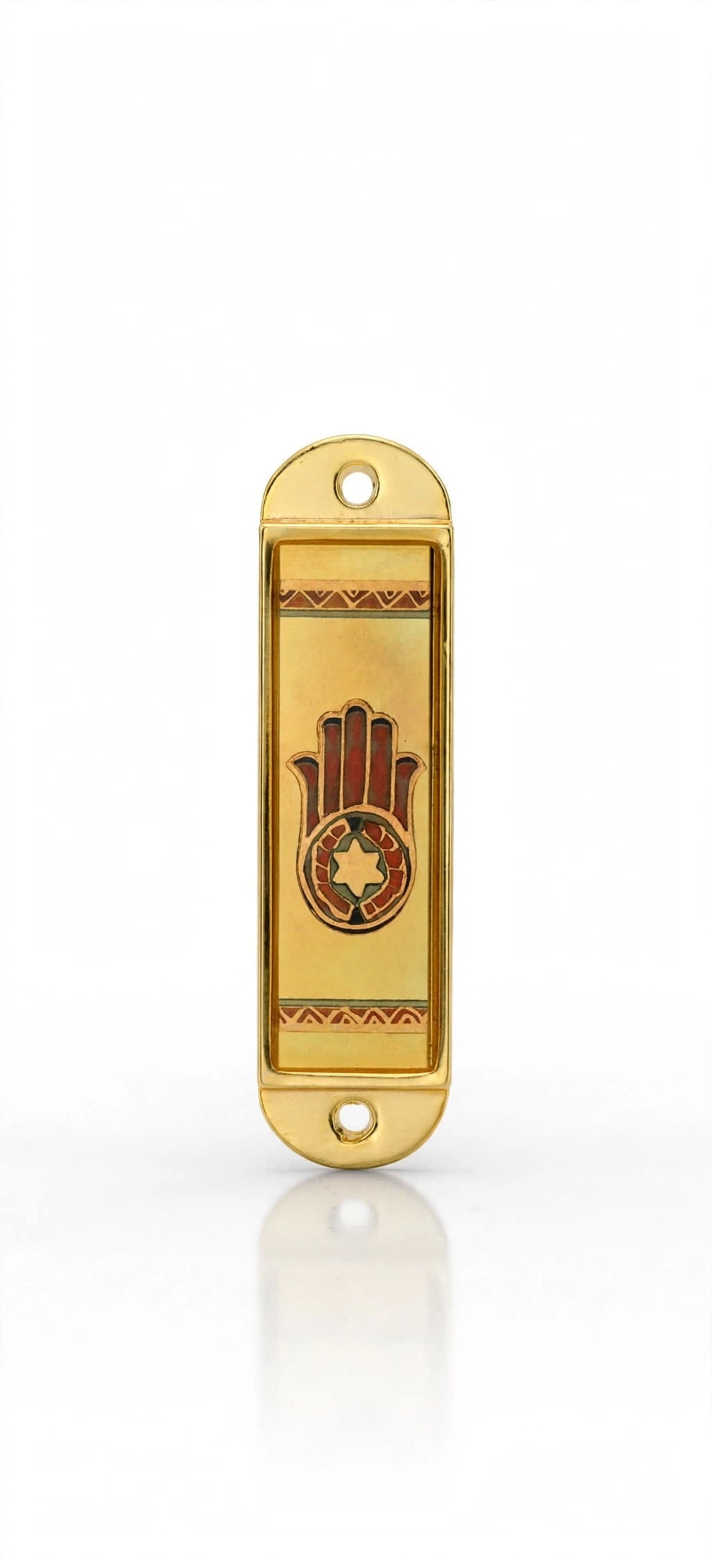 Journey Hamsa Gold Car Mezuzah shown from the front as a mezuzah cover featuring a brown Hamsa hand with a Star of David in its palm, warm gold-colored panels and patterned borders inside a rounded stainless-steel frame, presenting a small decorative Judaica design for a car interior