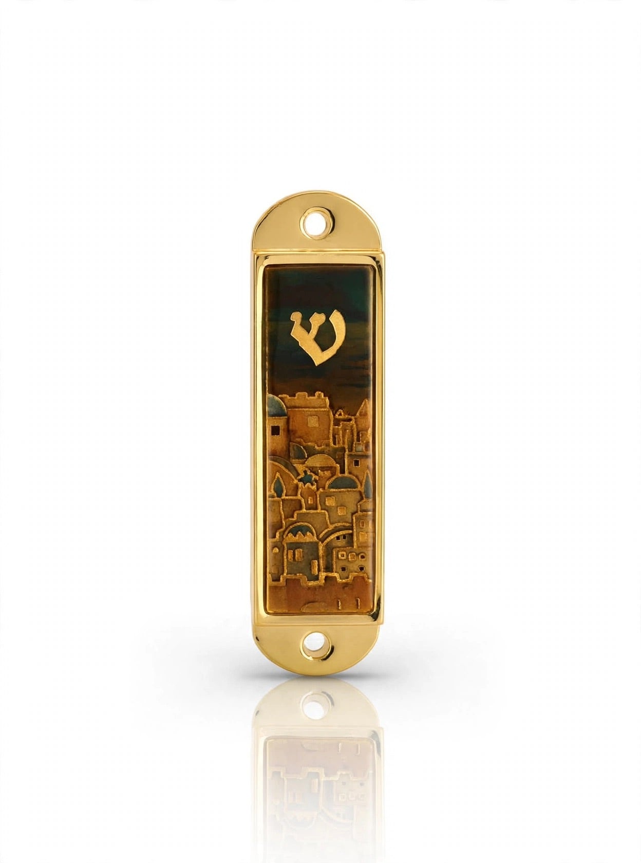 Journey Jerusalem Gold Car Mezuzah shown from the front as a mezuzah cover featuring a gold-colored stainless-steel frame, dark Jerusalem cityscape panel and gold-colored Hebrew Shin above the clustered buildings, presenting a small decorative Judaica design for a car interior