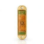 Journey Star of David Amber Car Mezuzah shown from the front as a mezuzah cover featuring an amber orange patterned face, central Star of David, green accent panels and Hebrew Shin inside a rounded gold-colored metal frame, presenting a small decorative Judaica design for a car interior