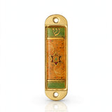 Journey Star of David Amber Car Mezuzah shown from the front as a mezuzah cover featuring an amber orange patterned face, central Star of David, green accent panels and Hebrew Shin inside a rounded gold-colored metal frame, presenting a small decorative Judaica design for a car interior
