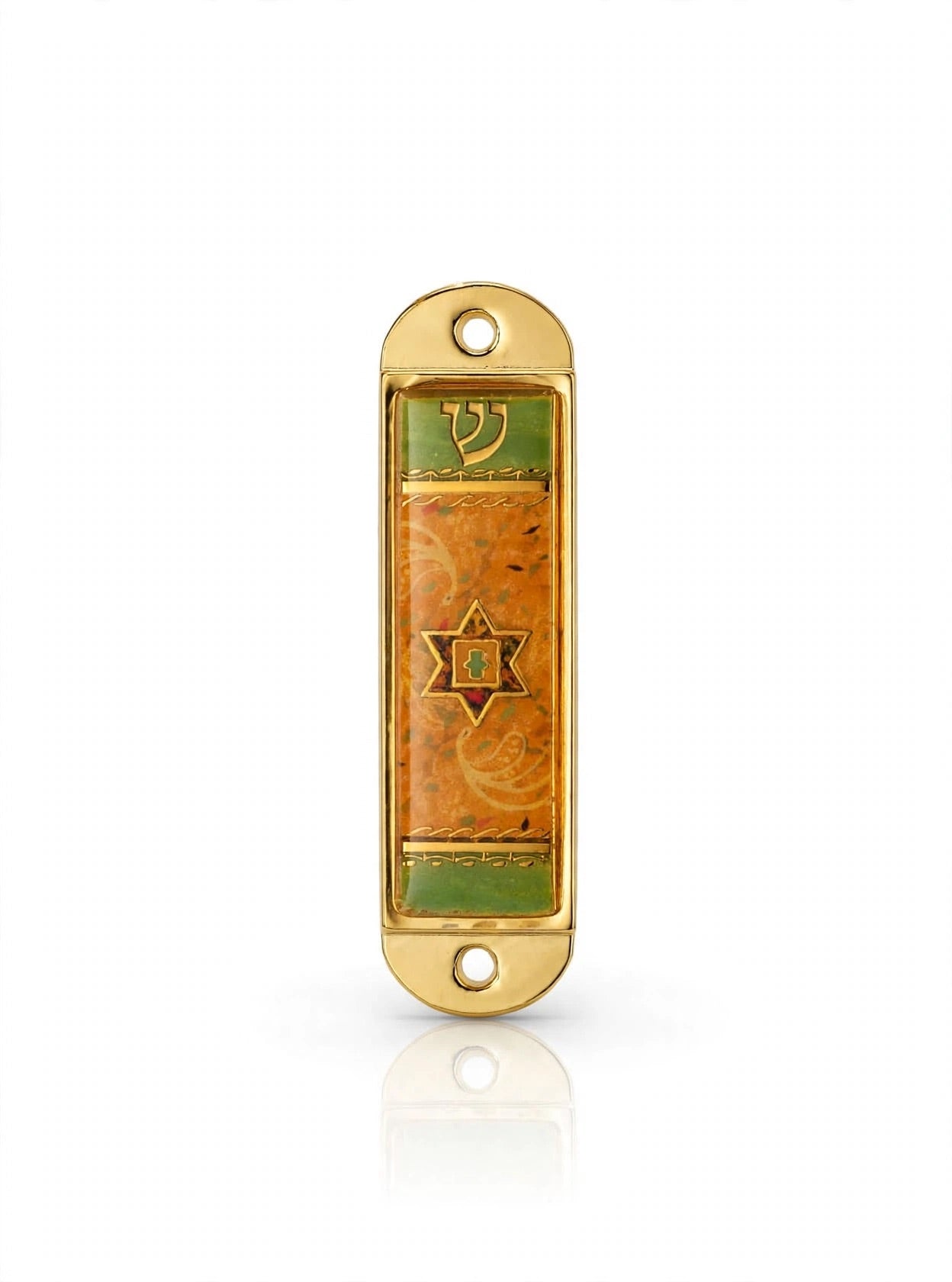Journey Star of David Amber Car Mezuzah shown from the front as a mezuzah cover featuring an amber orange patterned face, central Star of David, green accent panels and Hebrew Shin inside a rounded gold-colored metal frame, presenting a small decorative Judaica design for a car interior