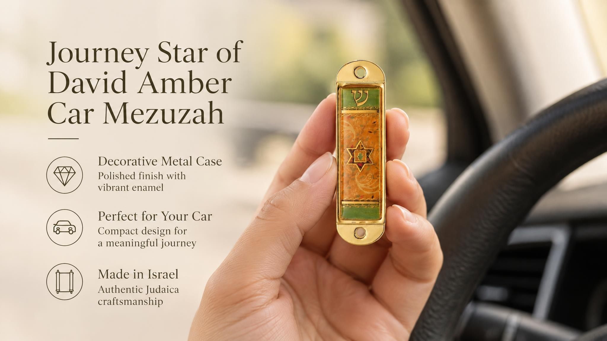 Journey Star of David Amber Car Mezuzah mezuzah cover held upright in one hand, showing an amber orange patterned face, central Star of David, green accent panels and Hebrew Shin inside a rounded gold-colored metal frame beside the product name and illustrated design features in a wide social-sharing graphic for decorative Jewish travel Judaica