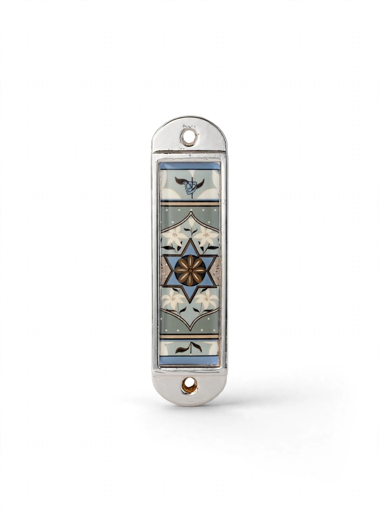 Journey Star of David Blue Car Mezuzah shown from the front as a mezuzah cover featuring a blue Star of David with a warm floral center, cream flower patterns and pale blue panels framed by silver-colored stainless steel, presenting a small decorative Judaica design for a car interior