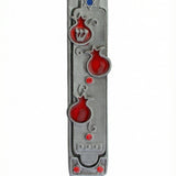 Lush pomegranate pewter mezuzah with Hebrew inscriptions by Israeli artist Emanuel, measuring 5.5 inches, designed for home doorways with a bright white studio background.