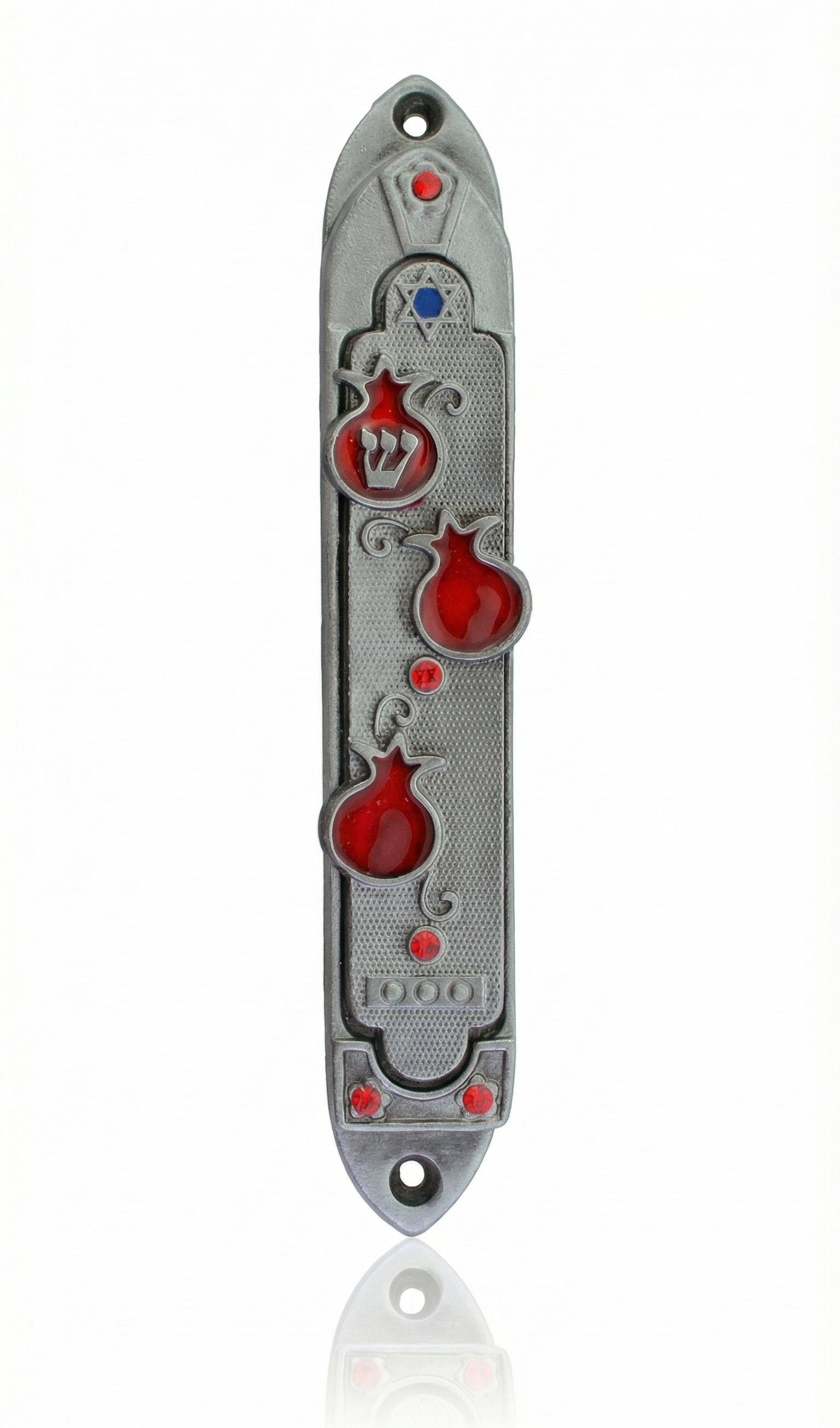 Lush pomegranate pewter mezuzah with Hebrew inscriptions by Israeli artist Emanuel, measuring 5.5 inches, designed for home doorways with a bright white studio background.