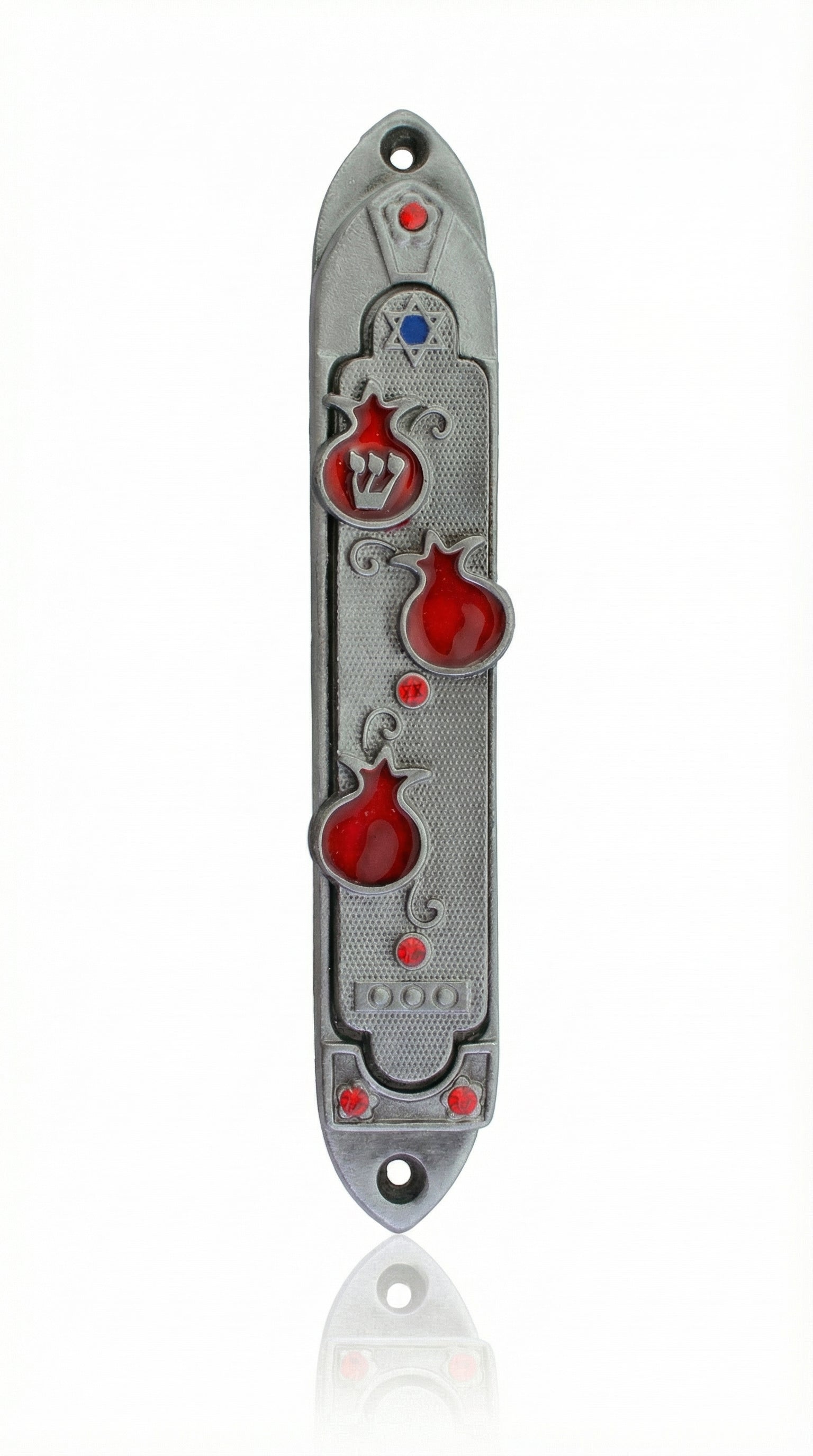 Lush pomegranate pewter mezuzah with Hebrew inscriptions by Israeli artist Emanuel, measuring 5.5 inches, designed for home doorways with a bright white studio background.