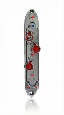 Lush pomegranate pewter mezuzah with Hebrew inscriptions by Israeli artist Emanuel, measuring 5.5 inches, designed for home doorways with a bright white studio background.