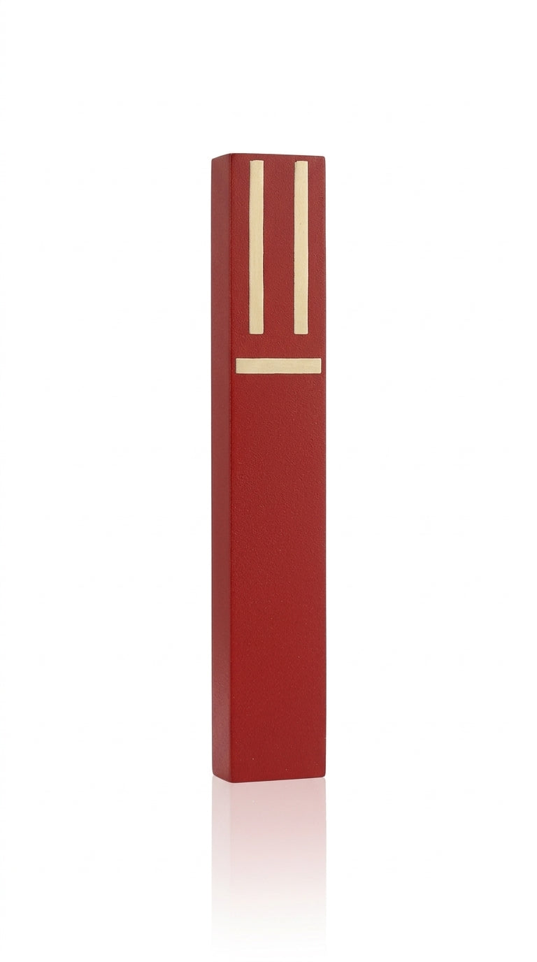 Detailed Kabbalah red pewter mezuzah, 5 inches tall, with Hebrew inscriptions, decorative motifs, and surface textures, displayed on a clean white background with subtle reflection.