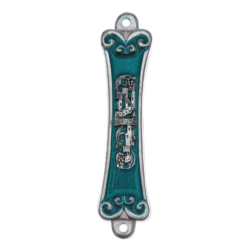 Kauai Mezuzah in silver pewter with hand-painted blue enamel and Jerusalem city motif.