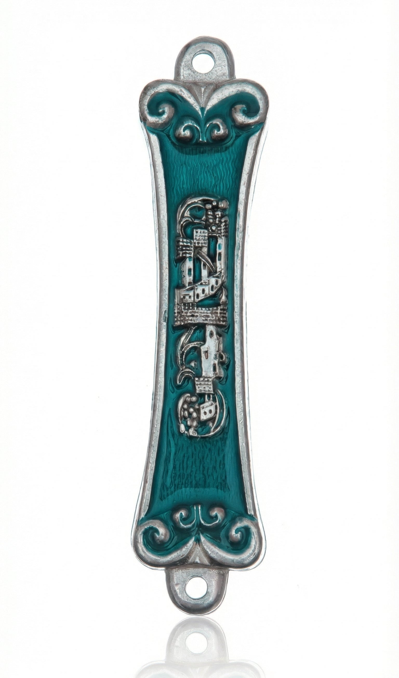 Kauai Mezuzah made in USA, 5.25 inches tall, with detailed Hebrew engravings, decorative motifs, and an elegant finish, on a white studio background.