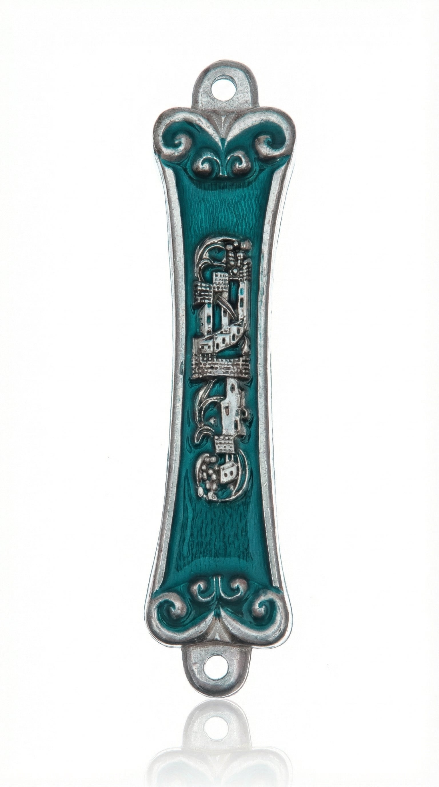 Kauai Mezuzah in silver pewter with hand-painted teal enamel and Jerusalem city motif.