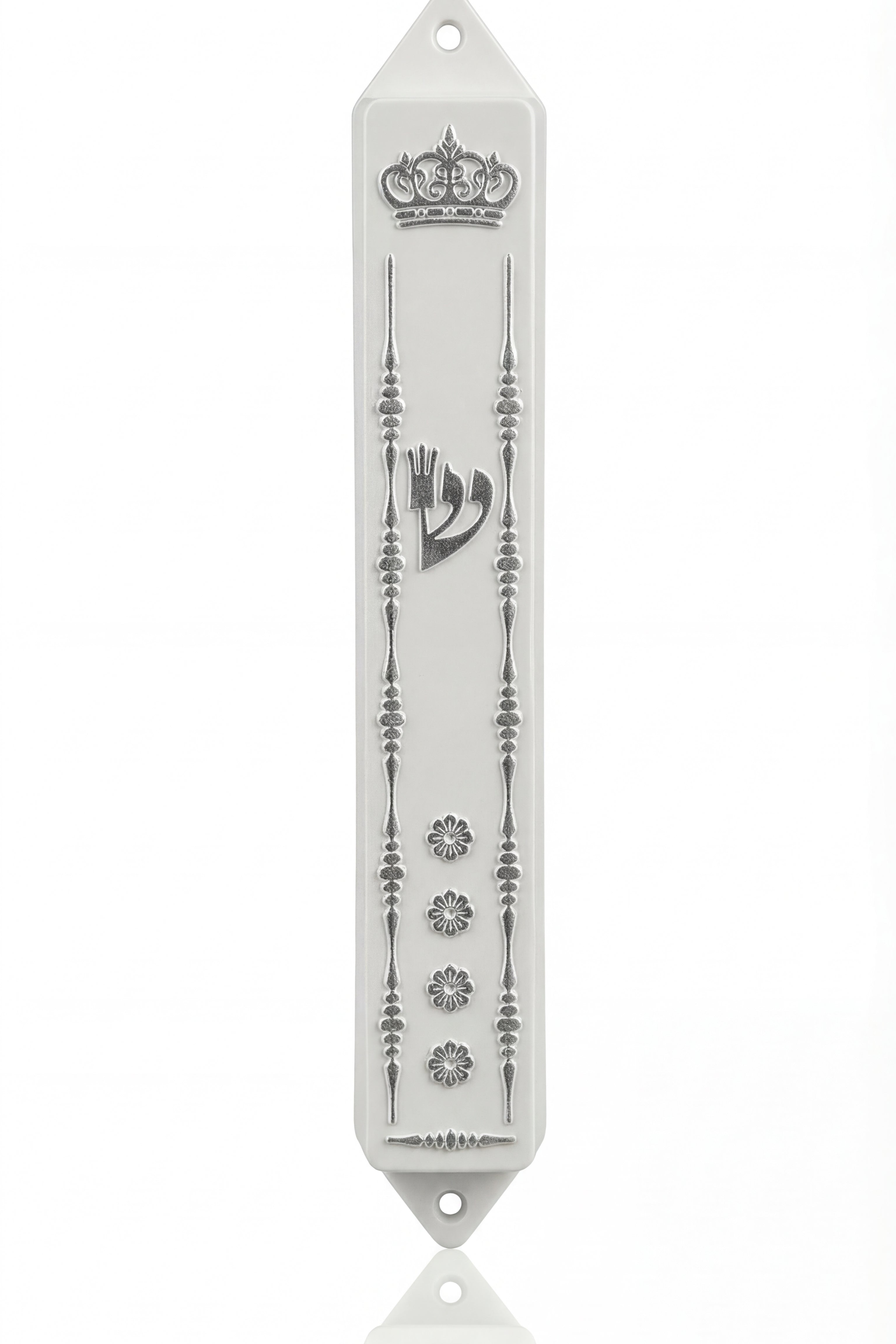 Keter Mezuzah on white background with subtle reflective water-like effect, detailed front view showing clear inscriptions and design.