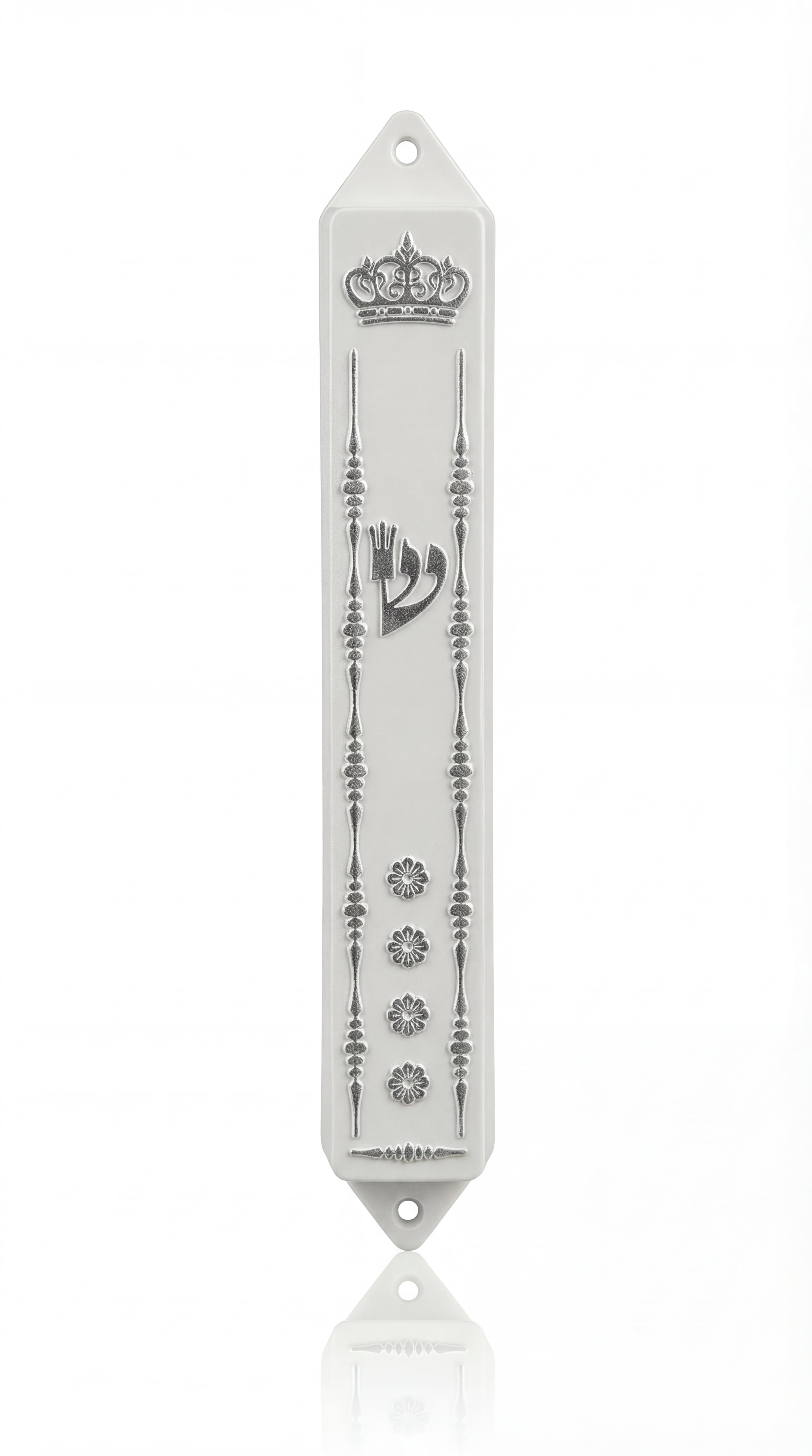 Keter Mezuzah on white background with subtle reflective water-like effect, detailed front view showing clear inscriptions and design.