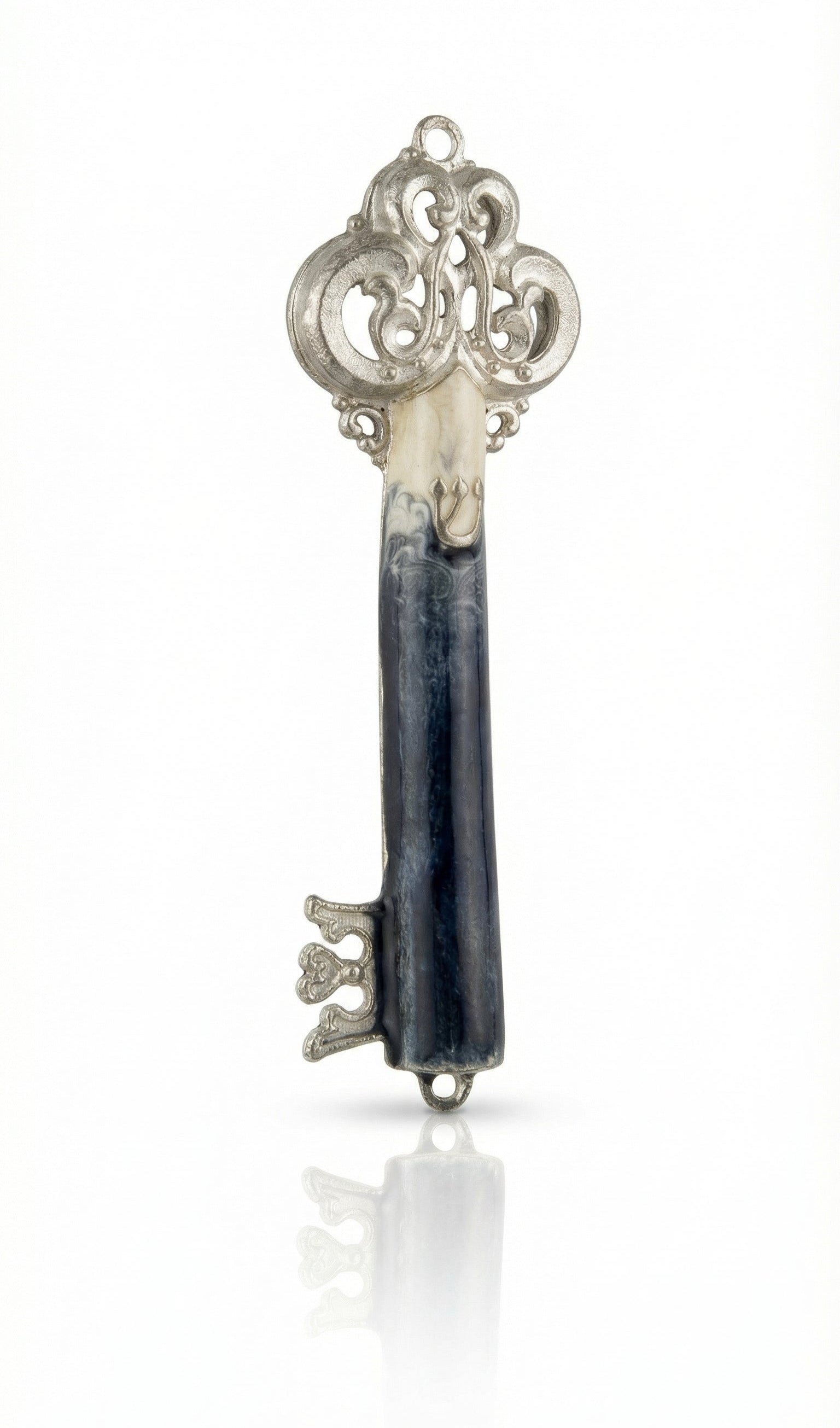 Hand-painted pewter mezuzah with blue enamel accents, 5 inches tall, suitable for doors, includes scroll options, made in the USA.