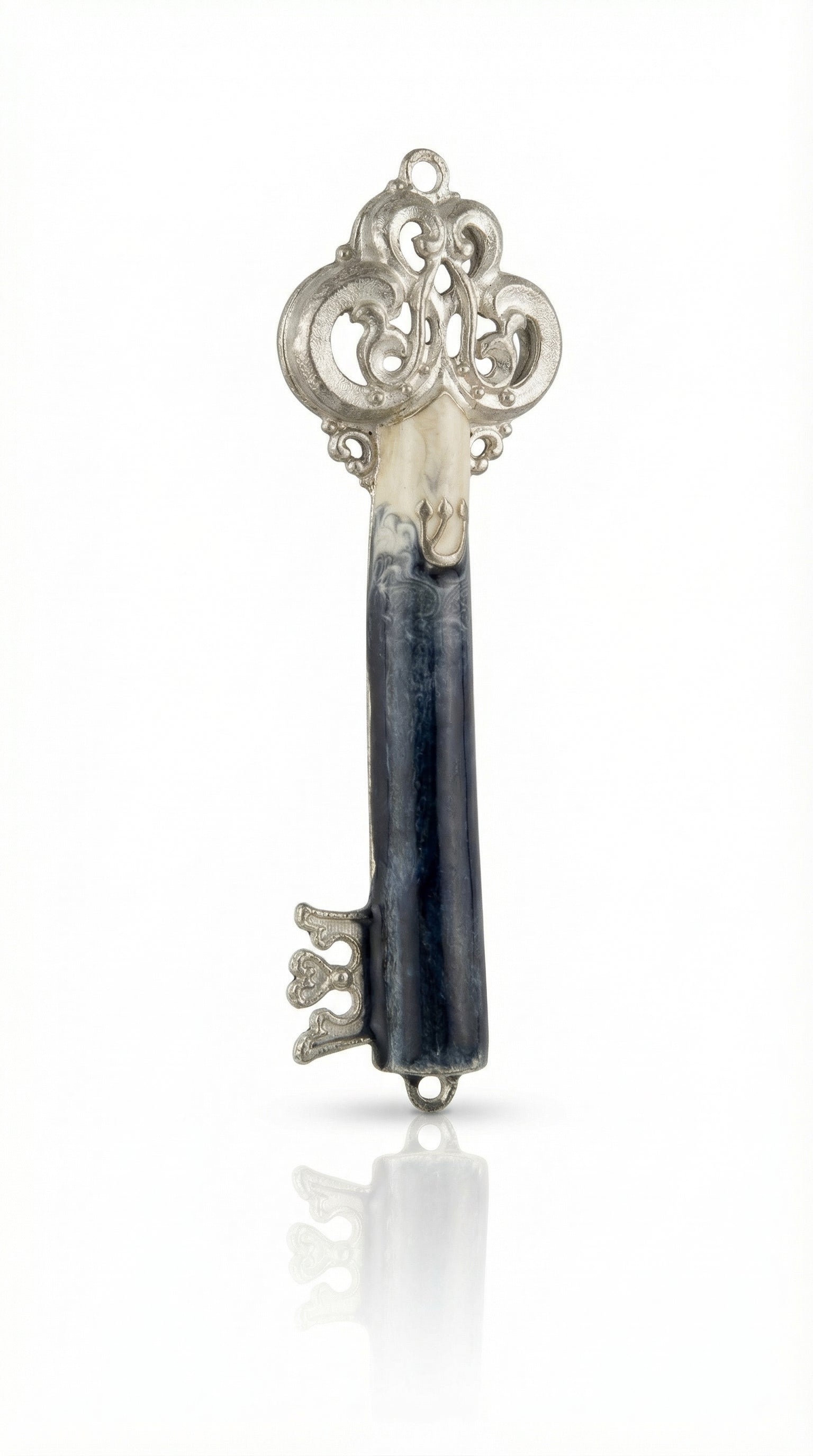 Hand-painted pewter mezuzah with blue enamel accents, 5 inches tall, suitable for doors, includes scroll options, made in the USA.