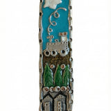 Kids room Mezuzah made of pewter and enamel, 4 inches long, with Hebrew letters, decorative motifs, and attached with nails or screws.
