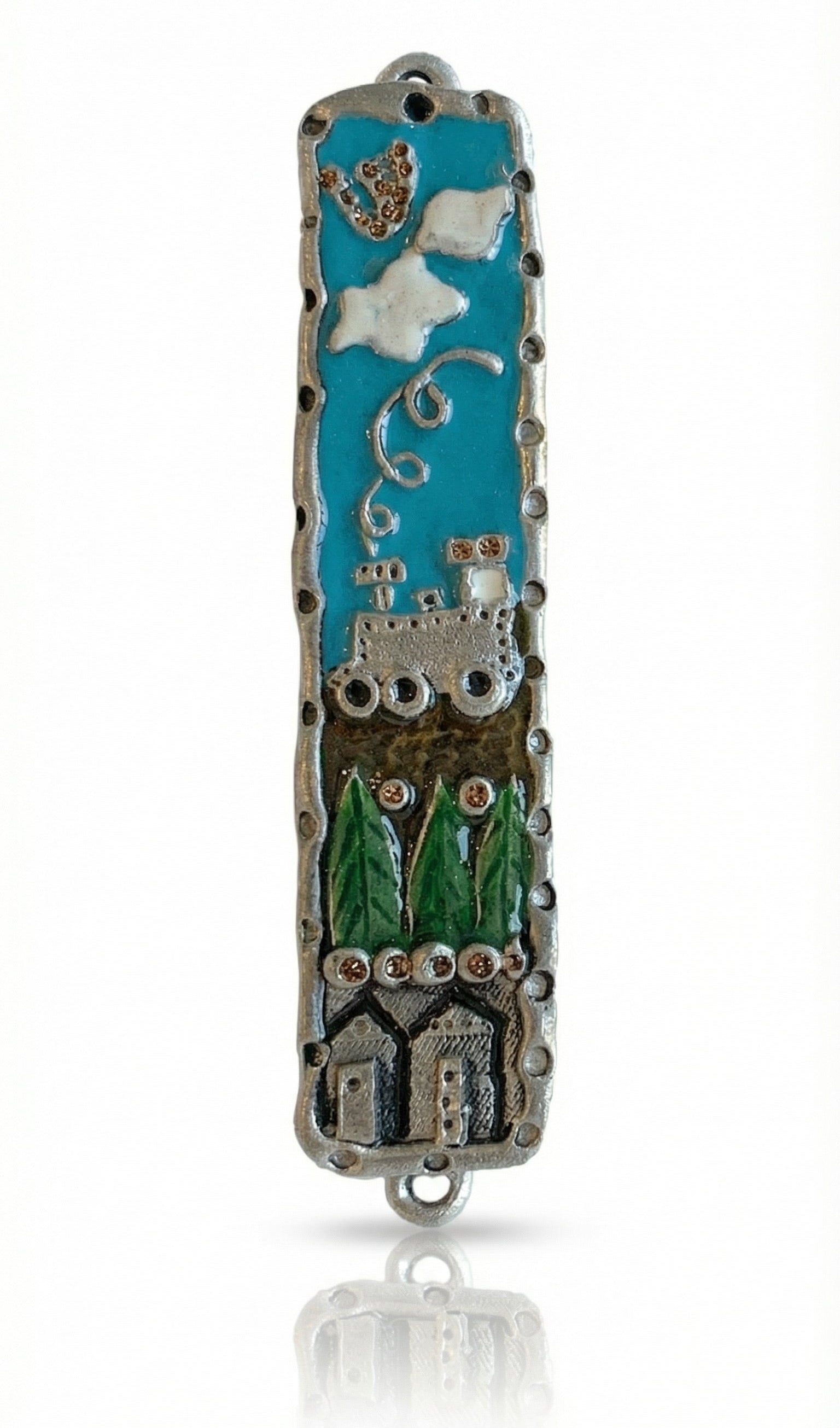 Kids room Mezuzah made of pewter and enamel, 4 inches long, with Hebrew letters, decorative motifs, and attached with nails or screws.
