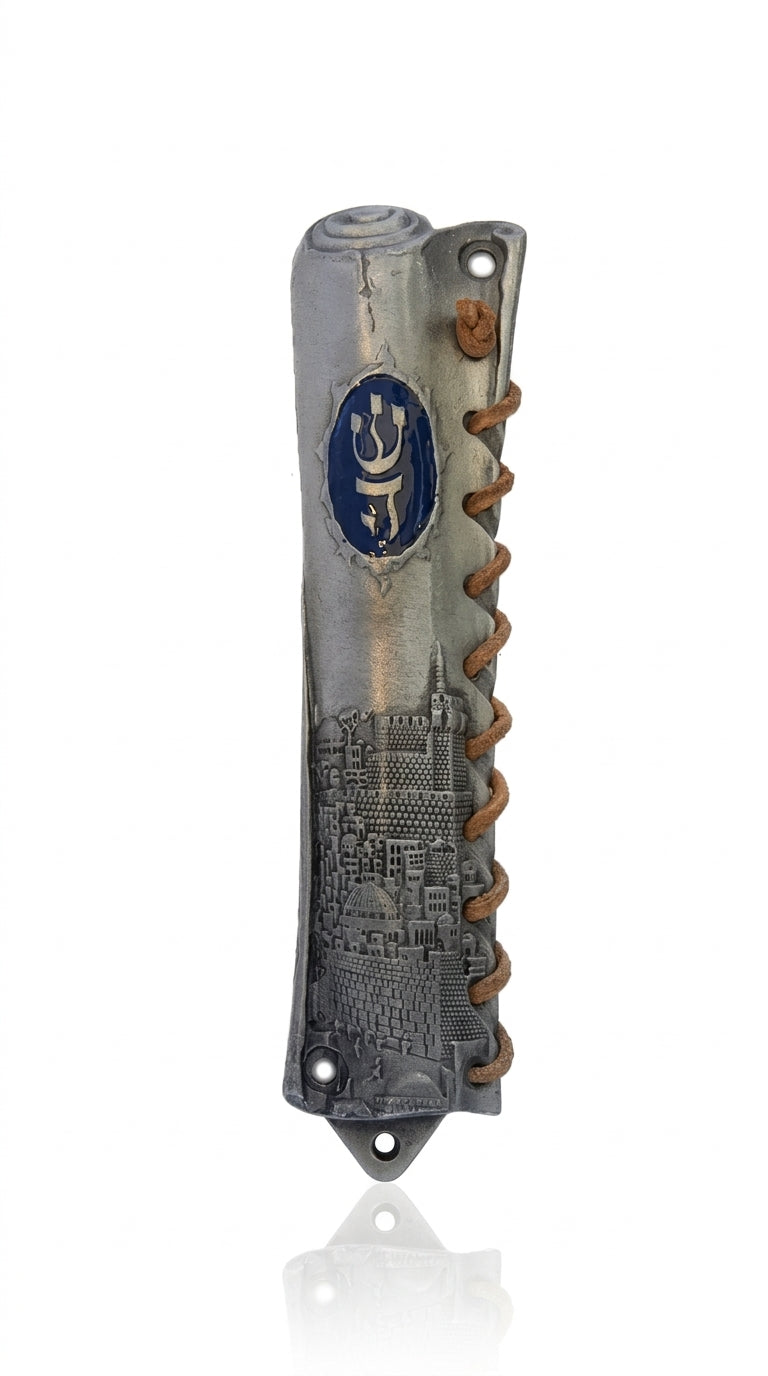 Decorative King David Mezuzah made of pewter with enamel, 6 inches tall, designed for home doorways, with detailed Hebrew symbols and motifs.