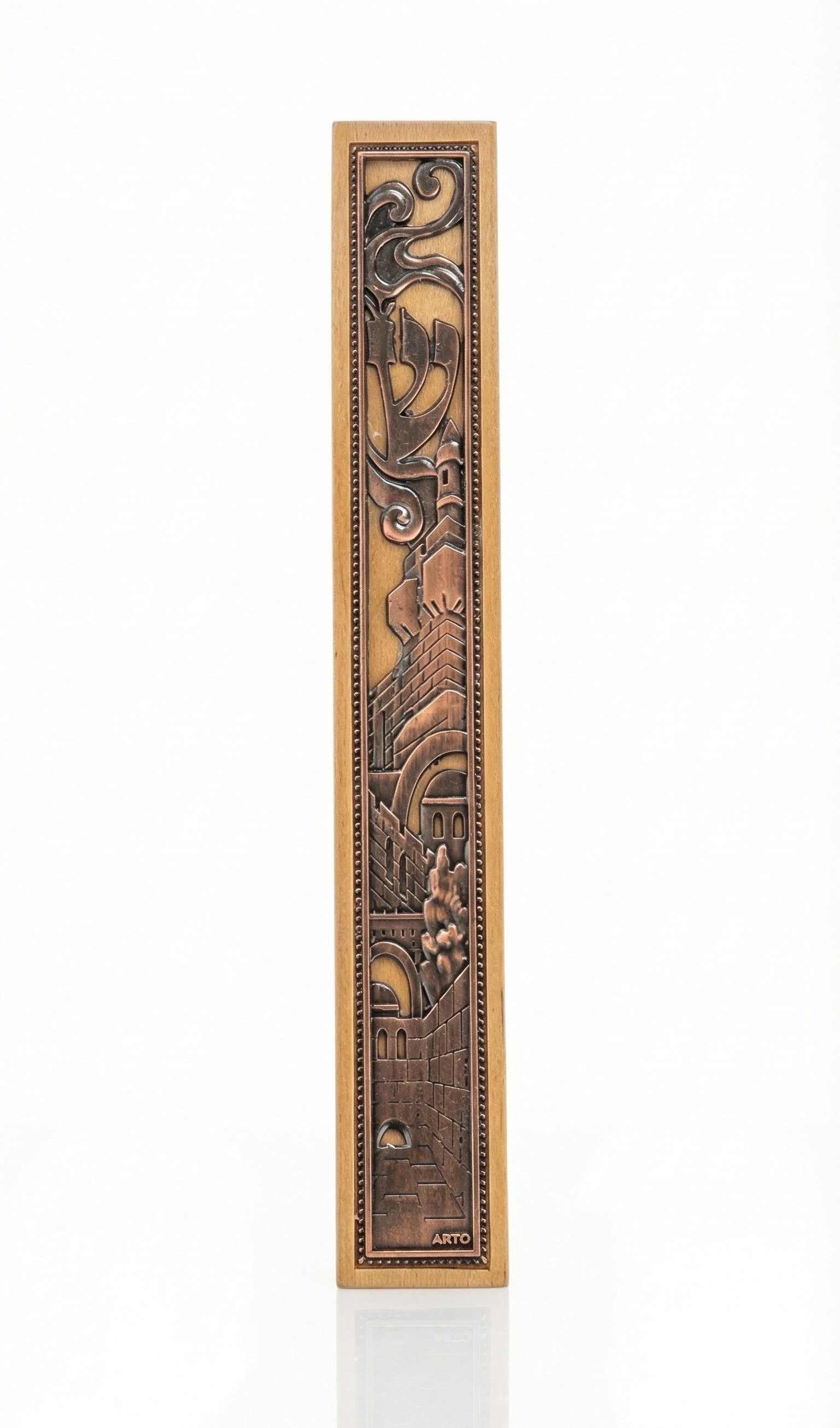 Large 10-inch tall King David's City Mezuzah with intricate engraved Hebrew lettering and decorative motifs on a pure white studio background with soft reflection.