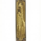 Highly detailed King Giraffe Mezuzah made of pewter with intricate design, Hebrew inscription, and decorative motifs, perfect for home blessing.