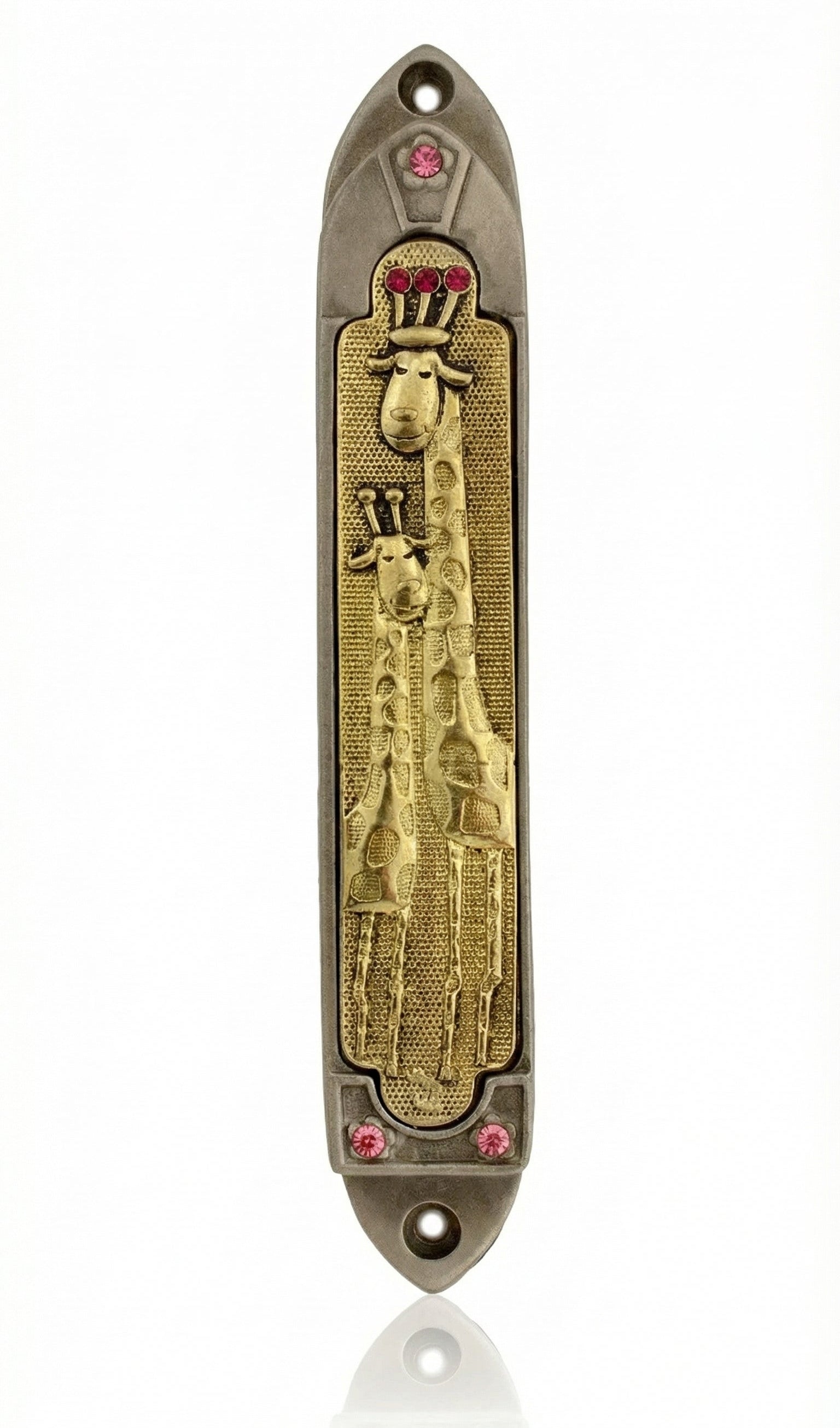 Highly detailed King Giraffe Mezuzah made of pewter with intricate design, Hebrew inscription, and decorative motifs, perfect for home blessing.