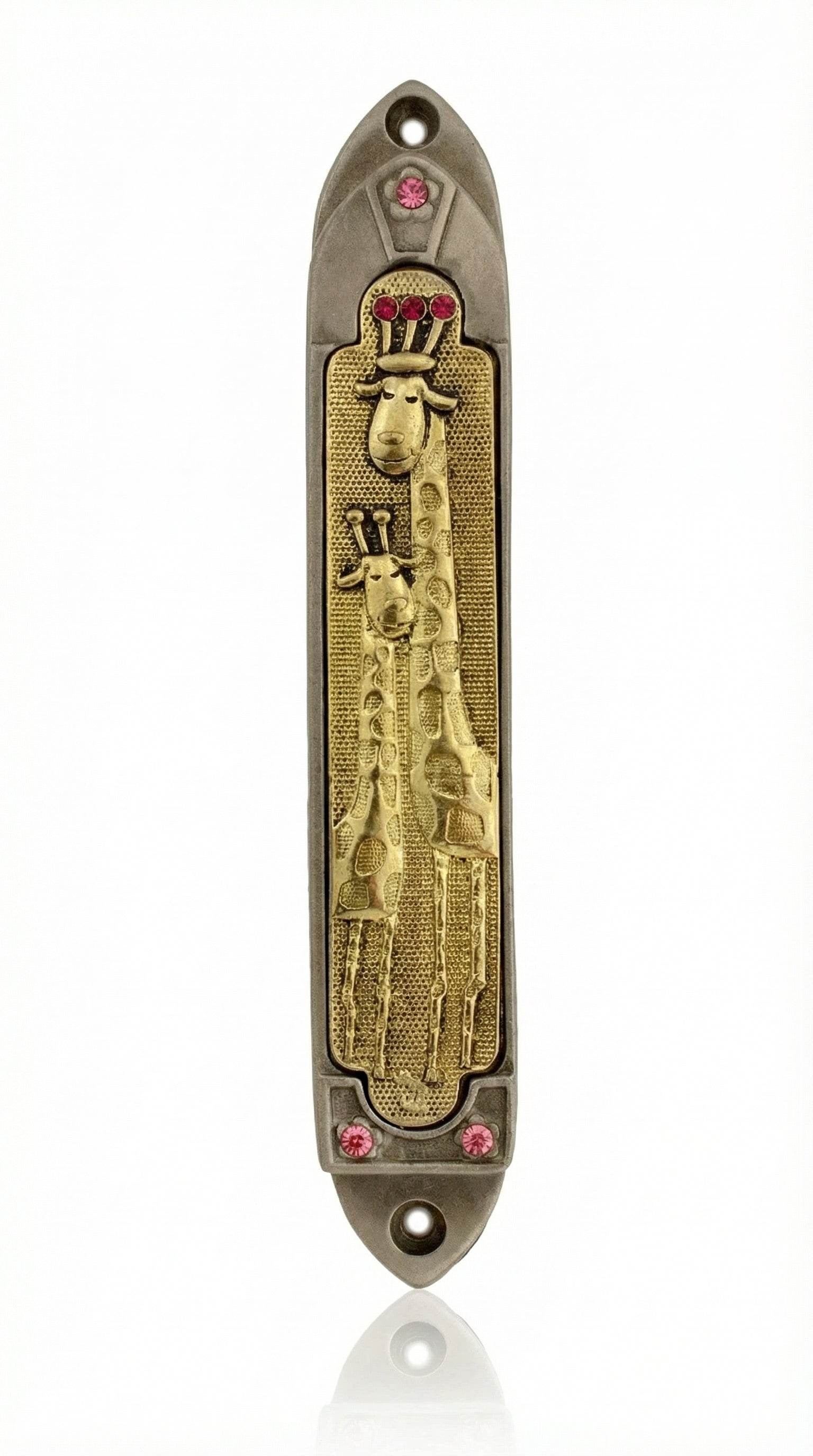 Highly detailed King Giraffe Mezuzah made of pewter with intricate design, Hebrew inscription, and decorative motifs, perfect for home blessing.