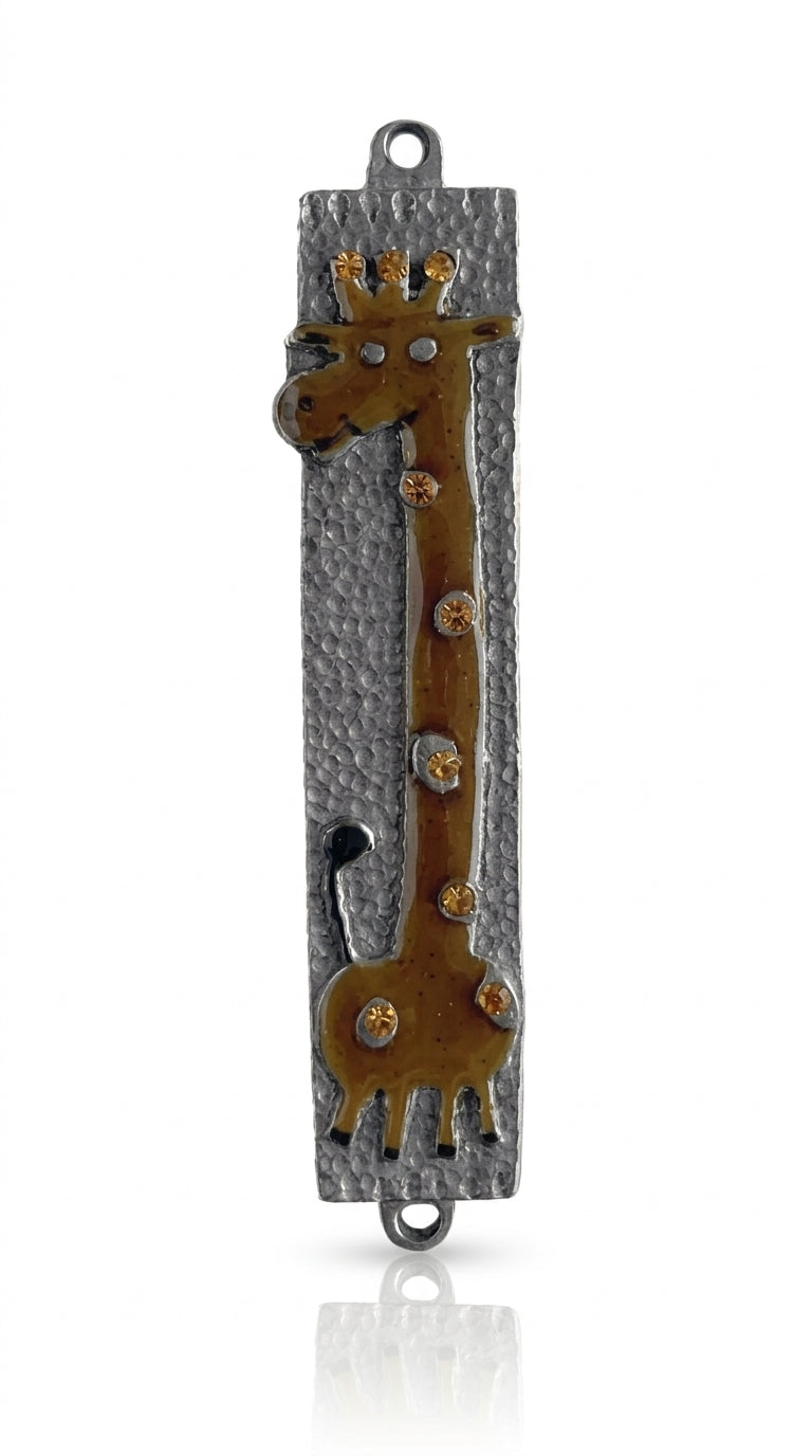 High-resolution image of a handmade King Giraffe Mezuzah made of pewter with enamel, designed for children's blessings and home entry.