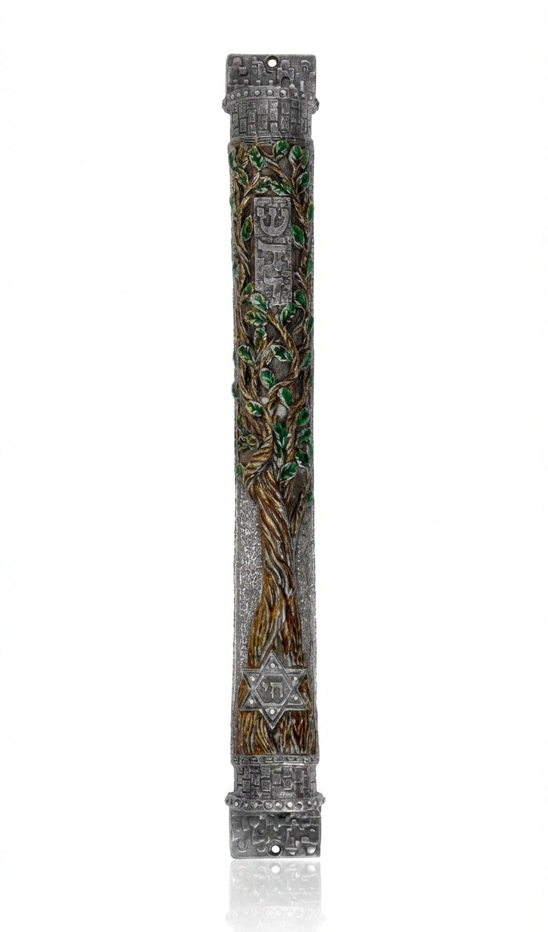 Impressive extra large pewter mezuzah adorned with Swarovski crystals and hand-painted enamel tree, designed for synagogue or large home doorways.