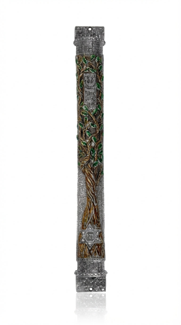 Impressive extra large pewter mezuzah adorned with Swarovski crystals and hand-painted enamel tree, designed for synagogue or large home doorways.