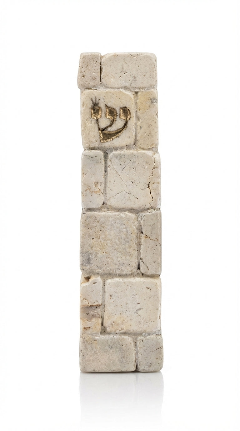 Jerusalem stone Mezuzah modeled after the Kotel with gold Shin, handcrafted in Israel with natural stone texture and unique surface features.
